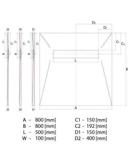 Technical diagram: Showerlay Wiper 800 x 800 mm Line VF Ponente