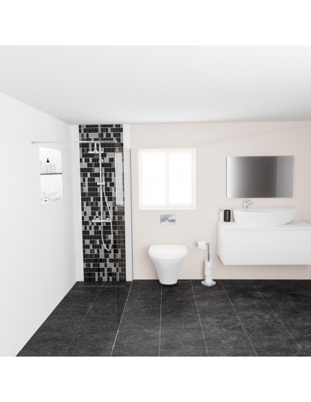 Example of compact bathroom with open corner shower in contrast color scheme black and white
