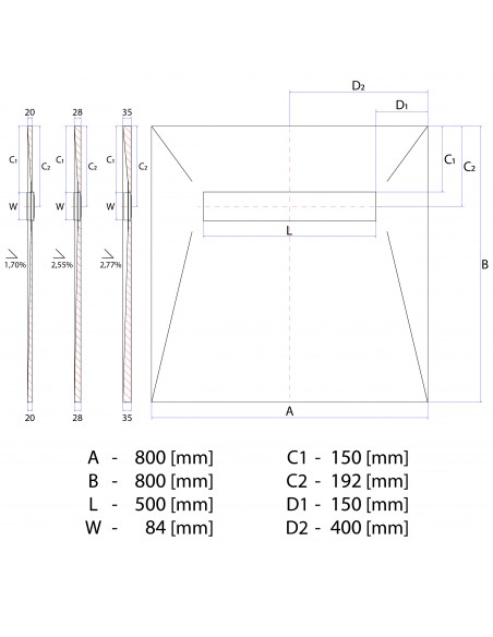 Technical Diagram of Showerlay Wiper 800 x 800 mm Line Zonda