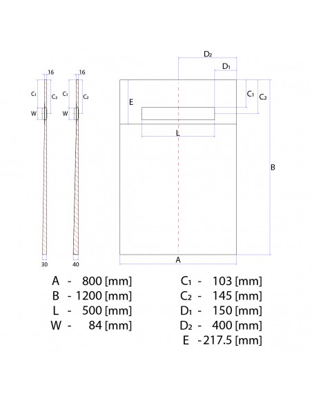 Technical Diagram of OneWay Fall Showerlay Wiper 800 x 1200 mm Line Pure
