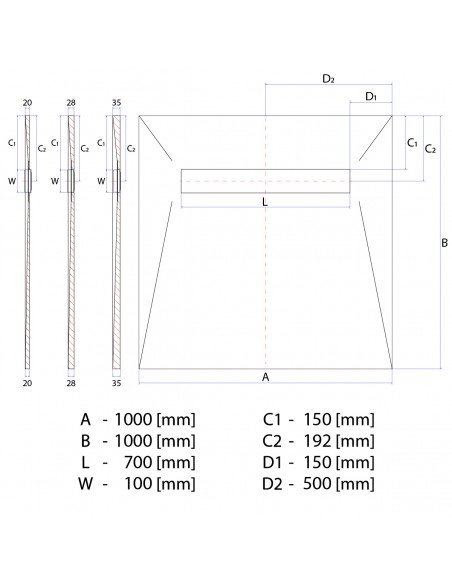 Technical diagram: Showerlay Wiper 1000 x 1000 mm Line VF Ponente