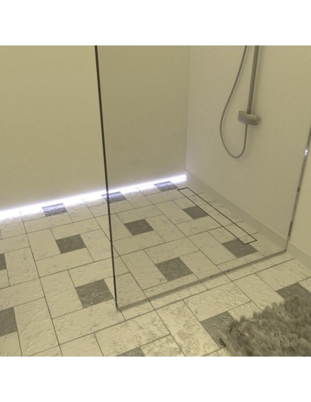 Example of traditional walk-in shower area with glass wall finished with light-colored tiles in white and grey
