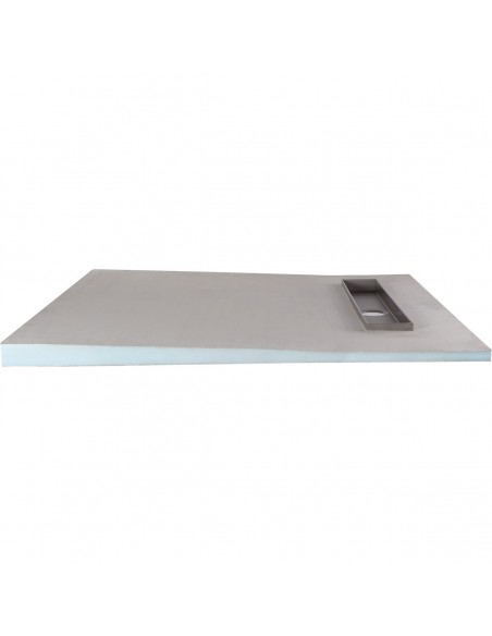 Ready-for-installation wet room tray with integrated linear drain and efficient 1-way slope 