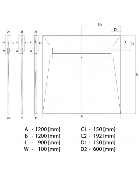 Technical diagram: Showerlay Wiper 1200 x 1200 mm Line VF Ponente