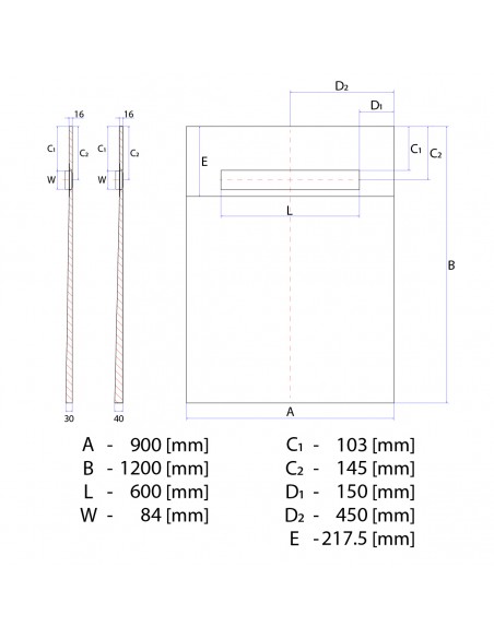 Technical Diagram of OneWay Fall Showerlay Wiper 900 x 1200 mm Line Pure