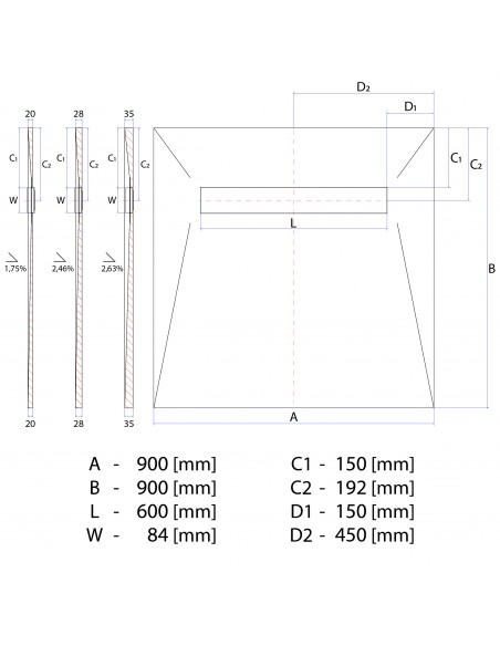 Technical Diagram of Showerlay Wiper 900 x 900 mm Line Ponente