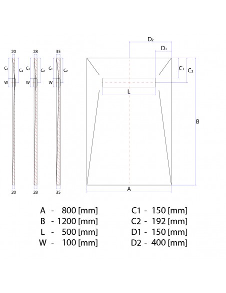 Technical diagram: Showerlay Wiper 800 x 1200 mm Line VF Ponente