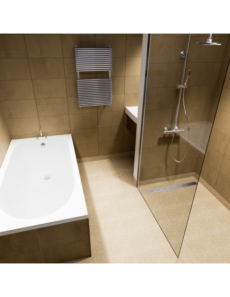 Example of a small-sized hotel shower with floor covered with beige-coloured vinyl