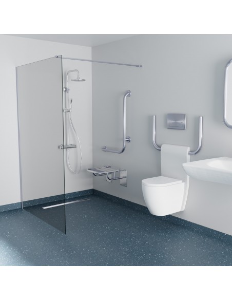 Example of an accesible walk-in shower in a hospital with blue-coloured safety flooring