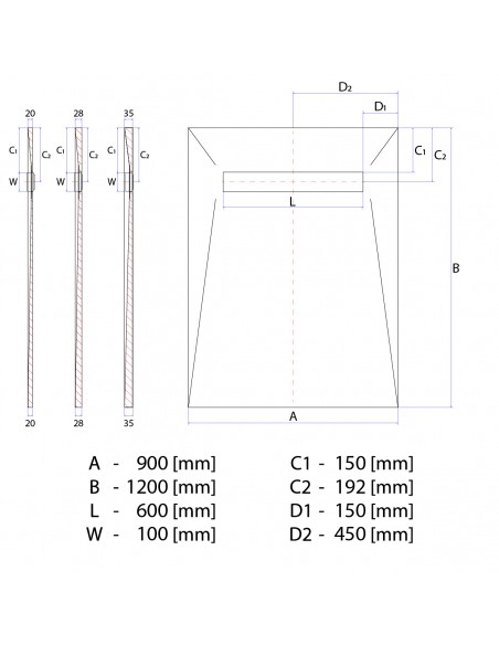 Technical diagram: Showerlay Wiper 900 x 1200 mm Line VF Ponente