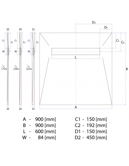 Technical Diagram of Showerlay Wiper 900 x 900 mm Line Sirocco