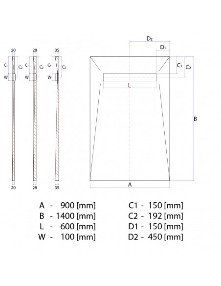Technical diagram: Showerlay Wiper 900 x 1400 mm Line VF Ponente
