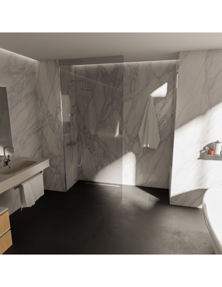 Example of a finished wet room in a shower with floor covered black with vinyl tiles