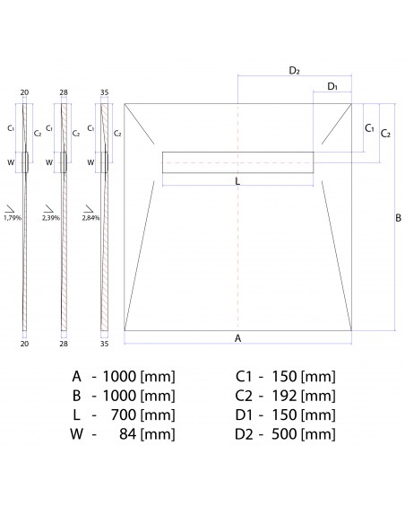 Technical Diagram of Showerlay Wiper 1000 x 1000 mm Line Ponente