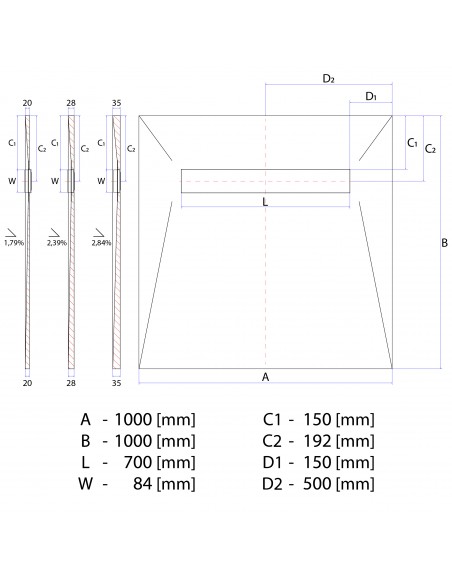 Technical Diagram of Showerlay Wiper 1000 x 1000 mm Line Sirocco