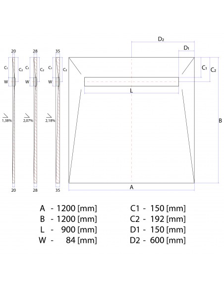 Technical Diagram of Showerlay Wiper 1200 x 1200 mm Line Pure