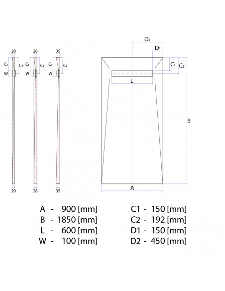 Technical diagram: Showerlay Wiper 900 x 1850 mm Line VF Ponente