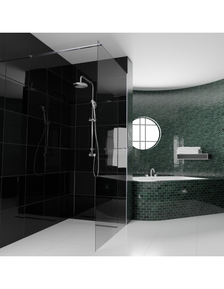 Dark bathroom finished with black/green tiles and mosaic and a large walk-in shower area