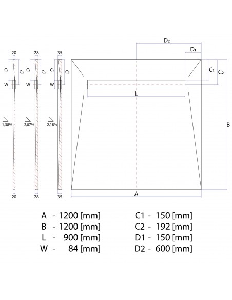 Technical Diagram of Showerlay Wiper 1200 x 1200 mm Line Ponente