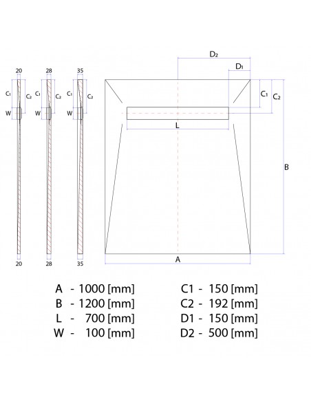 Technical diagram: Showerlay Wiper 1000 x 1200 mm Line VF Ponente