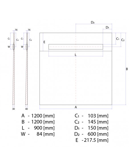 Technical Diagram of OneWay Fall Showerlay Wiper 1200 x 1200 mm Line Pure