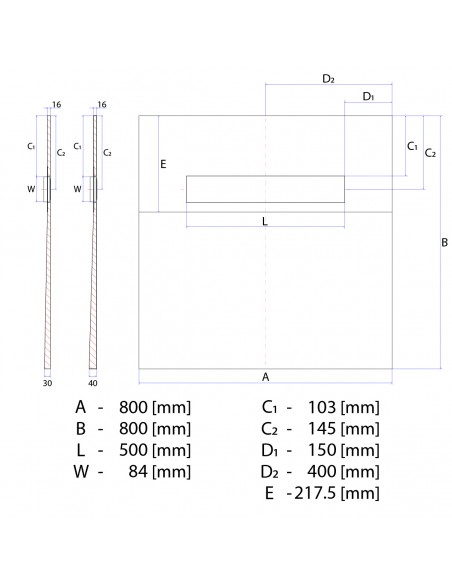 Technical Diagram of OneWay Fall Showerlay Wiper 800 x 800 mm Line Mistral