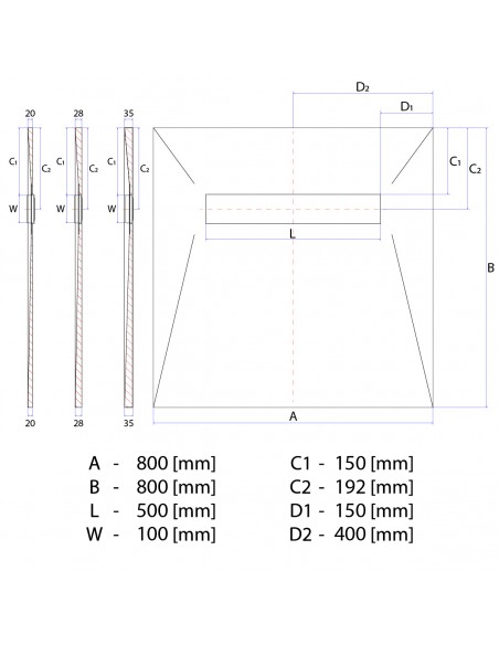 Technical diagram: Showerlay Wiper 800 x 800 mm Line VF Mistral