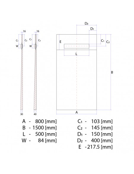 Technical Diagram of OneWay Fall Showerlay Wiper 800 x 1500 mm Line Mistral