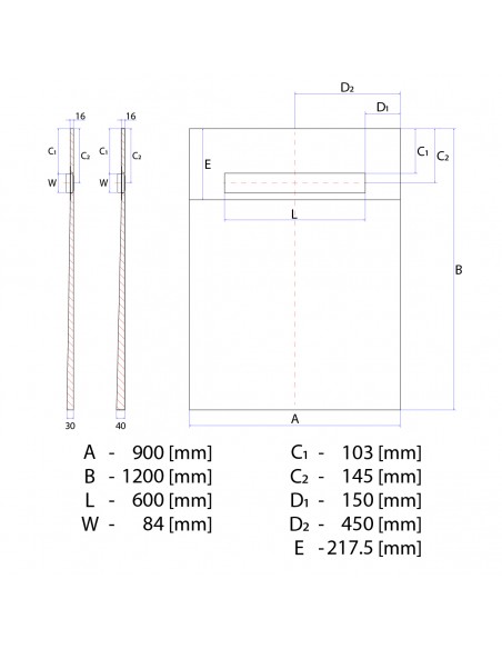 Technical Diagram of OneWay Fall Showerlay Wiper 900 x 1200 mm Line Mistral
