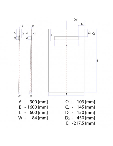 Technical Diagram of OneWay Fall Showerlay Wiper 900 x 1600 mm Line Mistral
