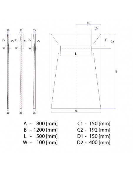 Technical diagram: Showerlay Wiper 800 x 1200 mm Line VF Mistral