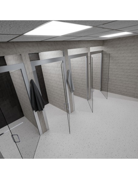 Example of a gym shower area with multiple encloures and bright vinyl flooring