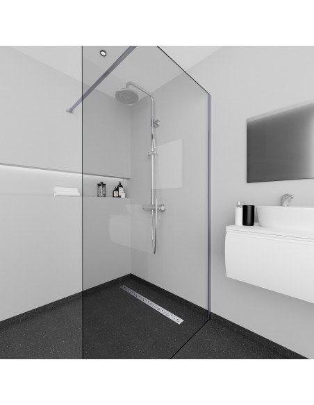 Example of a finished wet room shower in a private property with dark coloured vinyl flooring