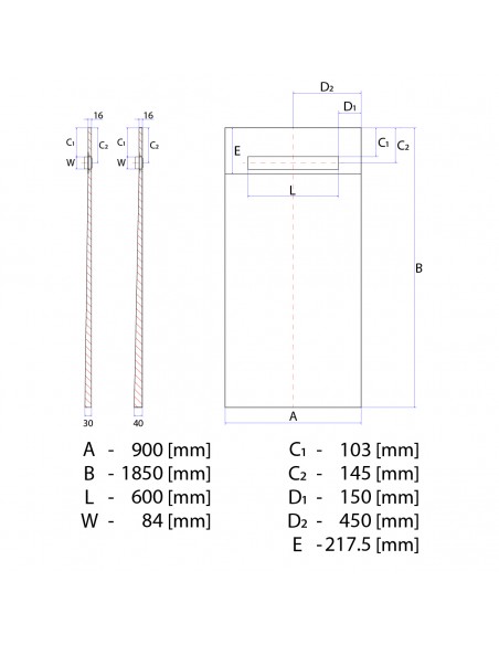 Technical Diagram of OneWay Fall Showerlay Wiper 900 x 1850 mm Line Mistral