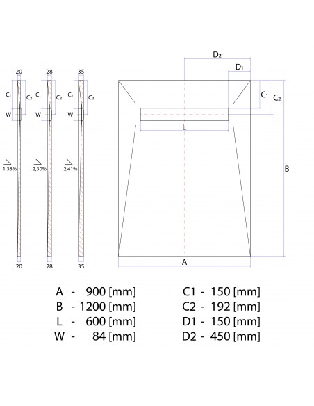 Technical Diagram of Showerlay Wiper 900 x 1200 mm Line Ponente