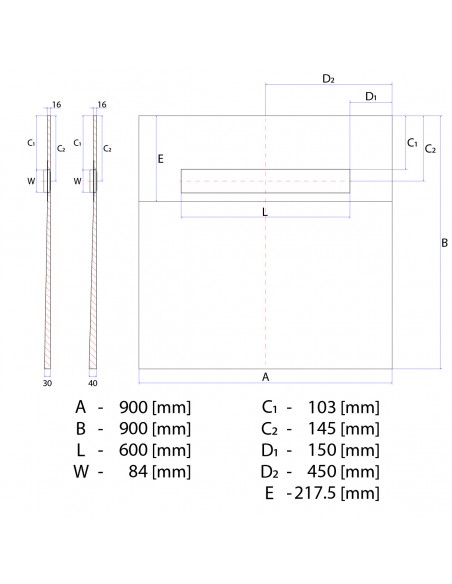 Technical Diagram of OneWay Fall Showerlay Wiper 900 x 900 mm Line Sirocco
