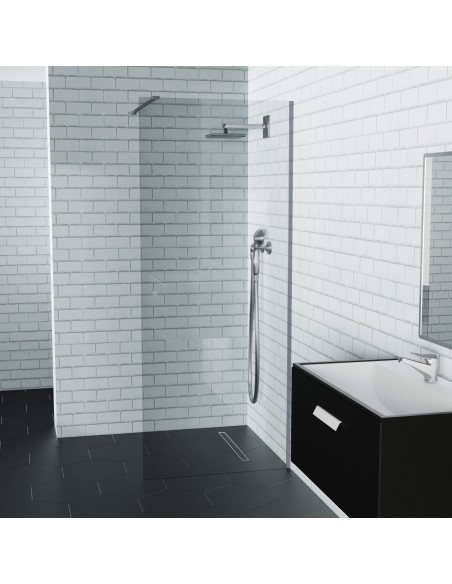 Example of a modern corner solution including shower glass and black tiles