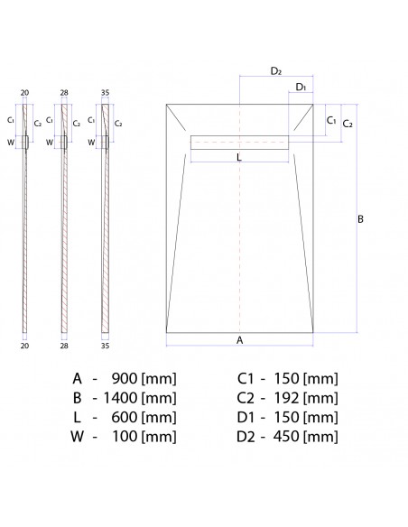 Technical diagram: Showerlay Wiper 900 x 1400 mm Line VF Mistral