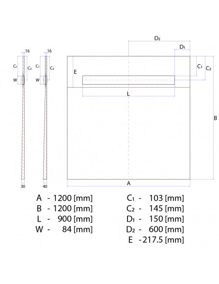 Technical Diagram of OneWay Fall Showerlay Wiper 1200 x 1200 mm Line Sirocco