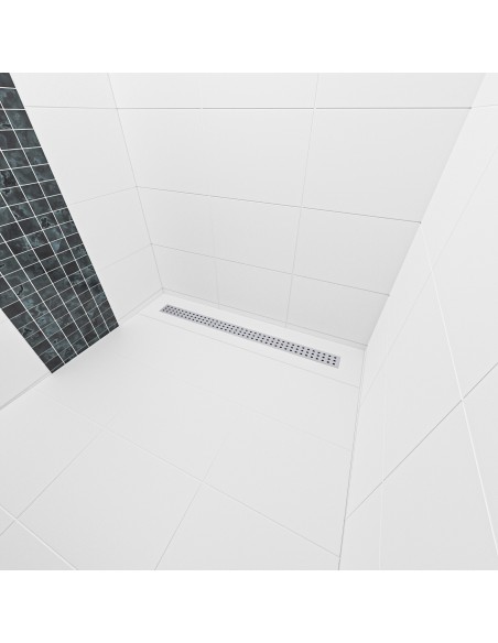 Example of finished Wet Room with bright large tiles combined with a wall highlight made of black mosaic tiles 