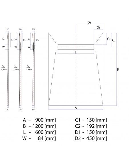 Technical Diagram of Showerlay Wiper 900 x 1200 mm Line Tivano