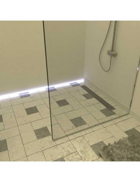 Example of traditional walk-in shower area with glass wall finished with light-colored tiles in white and grey