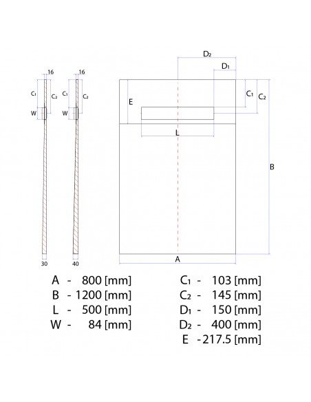 Technical Diagram of OneWay Fall Showerlay Wiper 800 x 1200 mm Line Sirocco