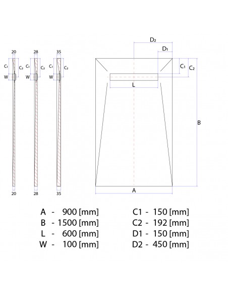 Technical diagram: Showerlay Wiper 900 x 1500 mm Line VF Mistral
