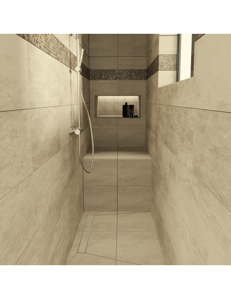 Example of a narrow but cozy shower area with bright large-format tiles