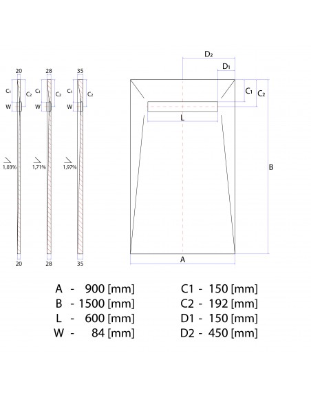 Technical Diagram of Showerlay Wiper 900 x 1500 mm Line Sirocco