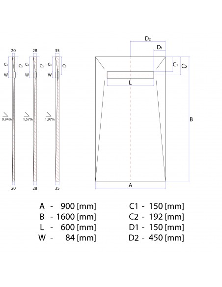Technical Diagram of Showerlay Wiper 900 x 1600 mm Line Pure