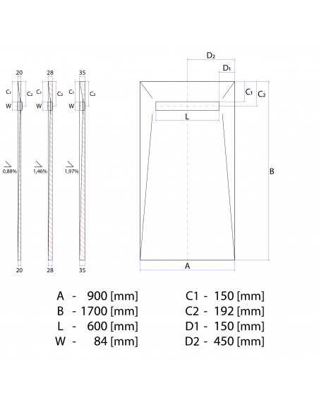 Technical Diagram of Showerlay Wiper 900 x 1700 mm Line Sirocco