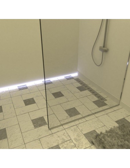Example of traditional walk-in shower area with glass wall finished with light-colored tiles in white and grey