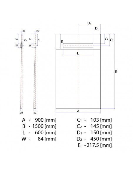 Technical Diagram of OneWay Fall Showerlay Wiper 900 x 1500 mm Line Tivano